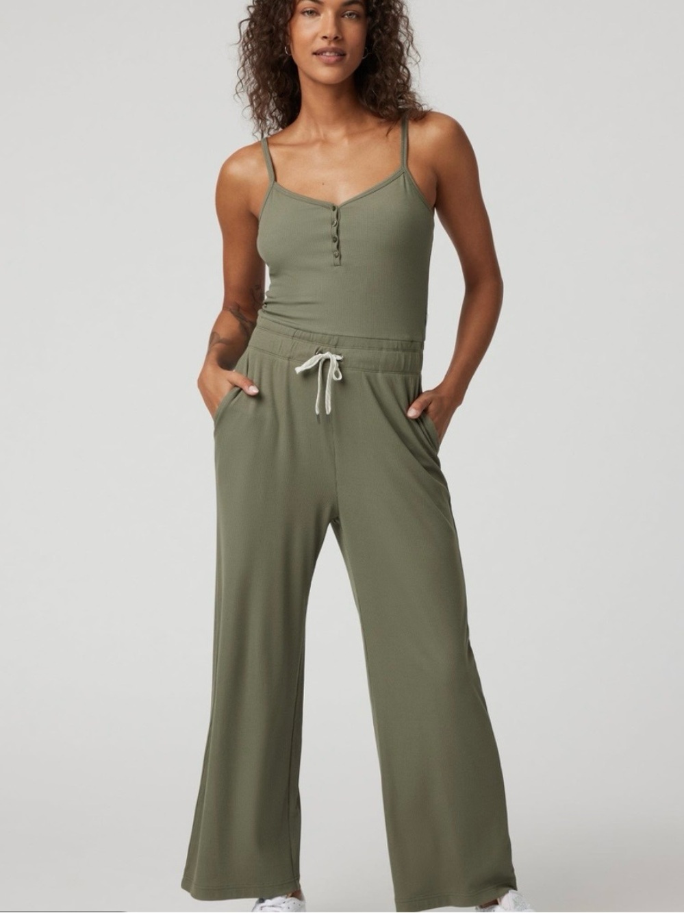 Vuori Pose Henley Olive Green Spaghetti Strap Jumpsuit